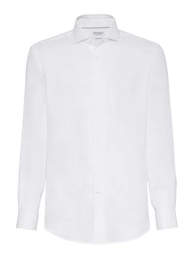 Brunello Cucinelli Men Basic Fit Twill Shirt With Button-down Collar In White