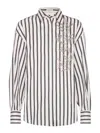 Brunello Cucinelli White Shirt With Floral Embroidery On The Front And All-over Striped Motif In White