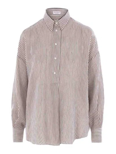Brunello Cucinelli Striped Linene And Silk Shirt In Brown