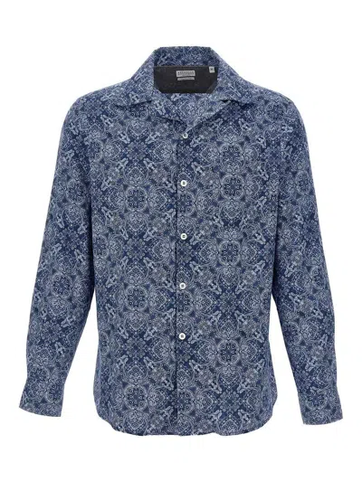 Brunello Cucinelli Intricate Paisley Print Cotton Shirt In Blue