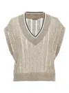 Brunello Cucinelli Ribbed Net Knit T-shirt With V-neck In Beige