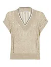 Brunello Cucinelli Women Dazzling Ribbed Net Knitted T-shirt In Linen In Beige