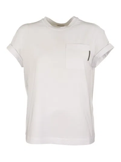 Brunello Cucinelli Rhinestones Detailed Chest Pocket T-shirt In Blanco
