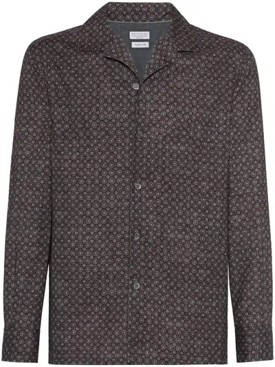 Brunello Cucinelli Camp-collar Printed Cotton-twill Shirt In Brown