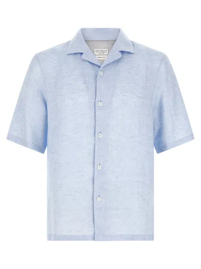 Brunello Cucinelli Linen Camp Collar Polo Shirt In Blue