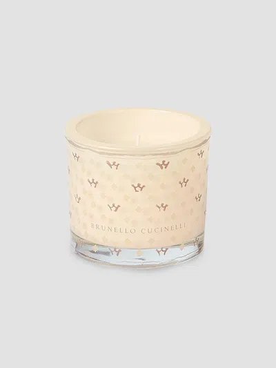 Brunello Cucinelli Candle In Small Glass Holder With Geometric Pattern In Nude