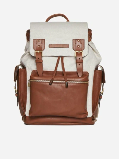 Brunello Cucinelli Leather-canvas Backpack In Natural,tan