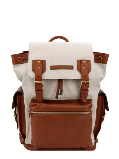 Brunello Cucinelli Canvas And Leather Backpack With Frontal Logo Patch In Brown