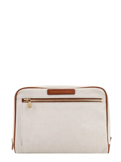 Brunello Cucinelli Canvas And Leather Beauty Case With Logo Patch In White