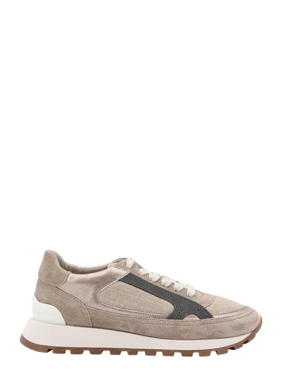 Brunello Cucinelli Canvas And Suede Trainers With Precious Contour In Neutral