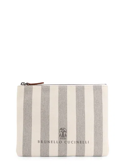 Brunello Cucinelli Canvas Clutch With Striped Motif In White