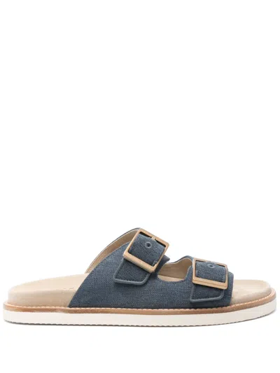 Brunello Cucinelli Canvas Slides In Blue