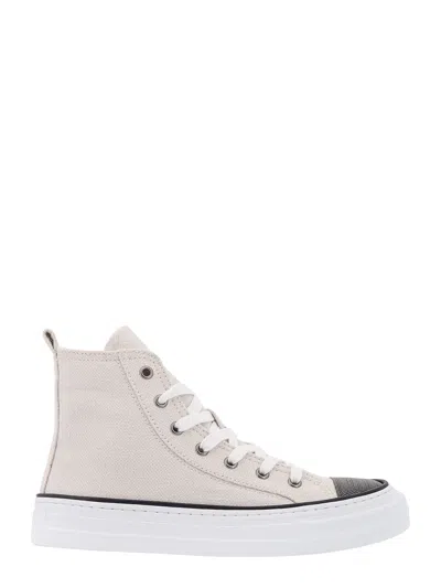 Brunello Cucinelli Bead-embellished Canvas Sneakers In Silver