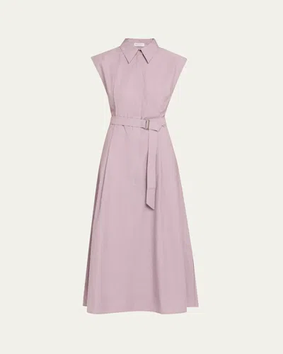 Brunello Cucinelli Cap-sleeve Belted Crispy Cotton Midi Shirtdress In Purple Ash