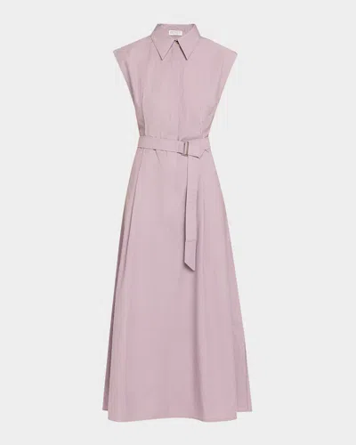 Brunello Cucinelli Cap-sleeve Belted Crispy Cotton Midi Shirtdress In Purple Ash