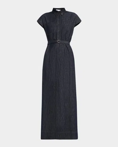 Brunello Cucinelli Cap-sleeve Belted Indigo Midi Shirtdress In C001 Denim Blue