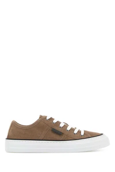 Brunello Cucinelli Suede Trainers With Shiny Tab In Brown