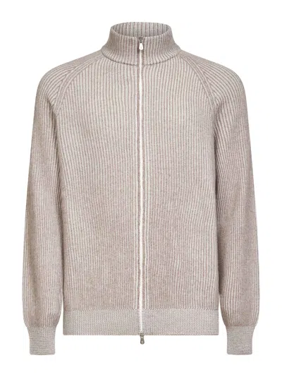 Brunello Cucinelli Capsule Beige Cashmere Mouliné Knit Zip-up Cardigan In Neutral