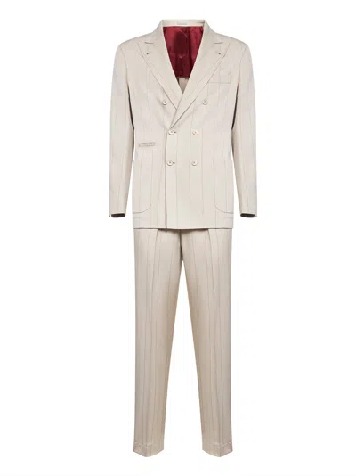 Brunello Cucinelli Capsule Beige Silk Wide Chalk Stripe Twill Suit<br/> In Neutral