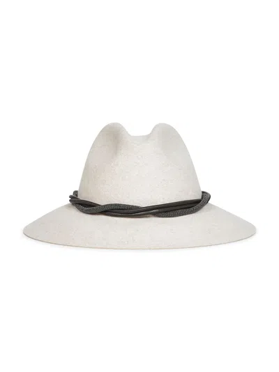 Brunello Cucinelli Capsule Grey Felt Fedora With Leather And Monili Band In White