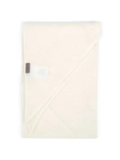 Brunello Cucinelli Capsule Ivory Cashmere Scarf With Monili In White