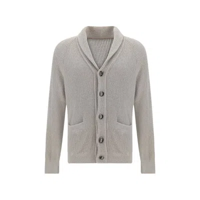 Brunello Cucinelli Ribbed Cotton Shawl Collar Cardigan In Sand