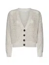 Brunello Cucinelli Beige Cotton Ribbed Net Cardigan In Avena