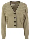 Brunello Cucinelli Perforated Rib Cotton Knit Cardigan With Jewellery In Beige