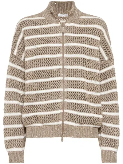 Brunello Cucinelli Striped Cardigan In Brown