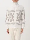 Brunello Cucinelli Men Geometric Jacquard Cashmere Feather Cardigan With Shawl Collar In Cream