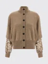 Brunello Cucinelli Cardigan With Embellished Sheer Sleeves In Brown