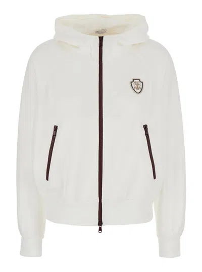 BRUNELLO CUCINELLI BRUNELLO CUCINELLI WOMEN WHITE SWEATSHIRT WITH FIXED HOOD AND LOGO PATCH ON THE FRONT IN COTTON BLEN