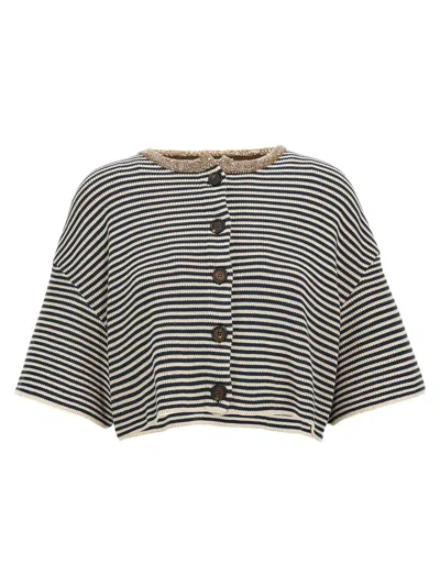 Brunello Cucinelli Dazzling Striped Short Sleeve Cropped Cardigan In Multi