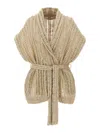 Brunello Cucinelli Dazzling Silk And Linen-blend Wrap Cardigan In Beige