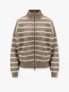 Brunello Cucinelli Beige Cardigan With High Neck And All-over Striped Motif