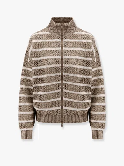 BRUNELLO CUCINELLI DAZZLING STRIPED NET LINEN BLEND CARDIGAN WITH SEQUINS
