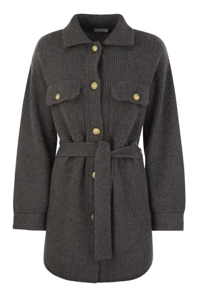 Brunello Cucinelli Cardigan In Virgin Wool, Cashmere And Silk English Rib With Metal Buttons And Bel In Gray
