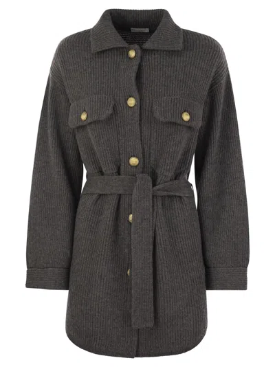 Brunello Cucinelli Cardigan In Virgin Wool, Cashmere And Silk English Rib With Metal Buttons And Bel In Neutral