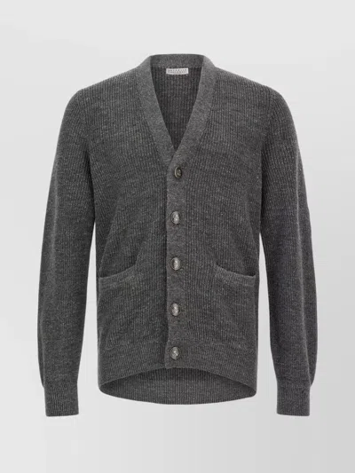 Brunello Cucinelli Cardigan Linen Blend Front Pockets In Grey