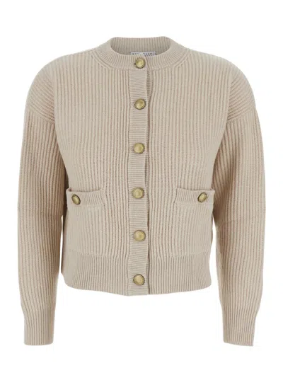 BRUNELLO CUCINELLI BEIGE CREW NECK CARDIGAN WITH RIBBED DESIGN AND PATCH POCKETS IN WOOL AND CASHMERE BLEND WOMAN