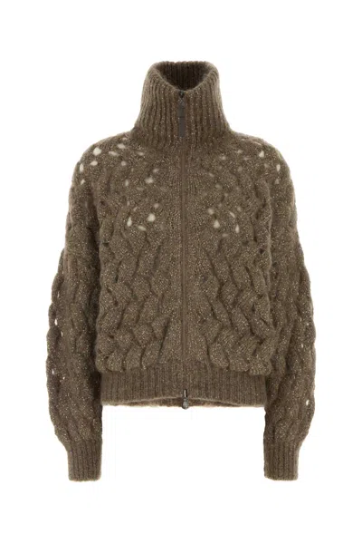 Brunello Cucinelli Mud Mohair Blend Cardigan In Brown