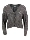 Brunello Cucinelli Cardigan Sweater With Buttons In Precious And Refined Feather Cashmere Embellished With A Dazzling Y In Grey