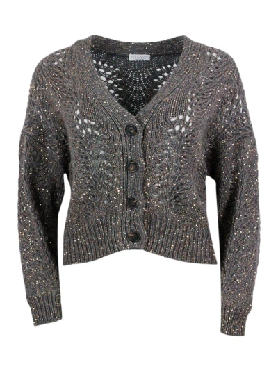 BRUNELLO CUCINELLI CARDIGAN SWEATER WITH BUTTONS IN PRECIOUS AND REFINED FEATHER CASHMERE EMBELLISHED WITH A DAZZLING Y