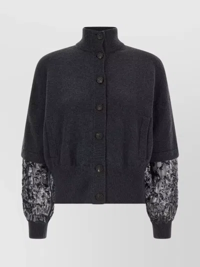BRUNELLO CUCINELLI CARDIGAN WITH EMBELLISHED SLEEVES AND HIGH NECK