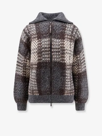 Brunello Cucinelli Cardigan With Intarsia And Micro-sequin Embroidery In Grey
