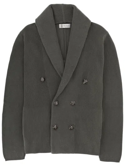Brunello Cucinelli Shawl-collar Double-breasted Ribbed Cotton Cardigan In Green