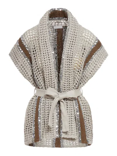 Brunello Cucinelli Cardigan With Sequin Inserts In Nude & Neutrals