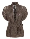 Brunello Cucinelli Hazelnut Crochet Belted Cardigan