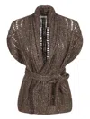 Brunello Cucinelli Hazelnut Crochet Belted Cardigan