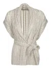 Brunello Cucinelli Crochet Belted Cardigan In Beige In Beige